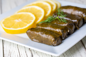 Delicious dolma (sarma) stuffed grape leaves rice, white yogurt sauce. Lebanese dolma sarma on plate. Lebanon turkish greek middle eastern cuisine. (Turkish name; Yaprak sarma)