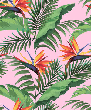 Tropic illustration. Vector botanical pattern with jungle leaves and hibiscus flowers. Summer design.
