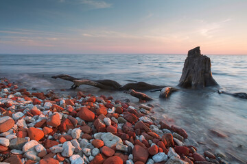 Old tree stump in the water against the backdrop of a beautiful sunset and blue sky.