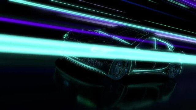 3d visualization: A prototype super car rushes through an undefined space made of neon lines. Animation of a modern vehicle in an artistic style in blue tones, futuristic concept.