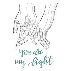 Hand Drawn Holding Hands Isolated Vector Illustration
Continuous line drawing of touching arms with lettering. Linear art for logo, emblem, template, prints, postcard, poster, web deign