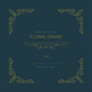 Vintage style floral frame and corner ornaments. Hand drawn outline calligraphic ornate and distressed background. Part of set.