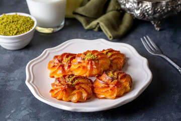 Turkish and Arabic Traditional Ramadan Dessert Lor Cheese Dessert with pistachio powder (Turkish name; Lor tatlisi)