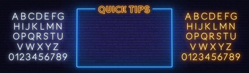 Obraz premium Quick Tips neon sign with frame on brick wall background.