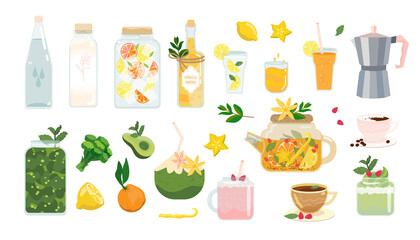 Healthy drink set. Vector summer beverage. Vegan, vegetarian drinks collection isolated on white. Young Coconut, Lemonade, Orange Juice, Herbal berry tea, Plant oat milk, kombucha, smoothie, water