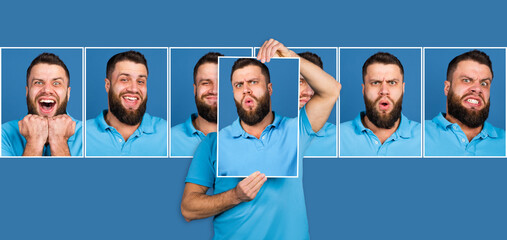 Portraits of young Caucasian man showing pictures with different emotions, facial expression isolated on blue background.