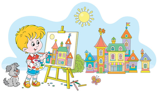 Little boy with his cheerful pup drawing in watercolors and color pencils a pretty small town on a sunny summer day, vector cartoon illustration isolated on a white background