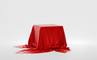 Cube or box covered with red silk cloth isolated on white background. Secret gift, hidden under satin fabric with drapery and folds, podium, stand with tablecloth to show magic tricks, 3d illustration