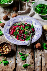 Beet pasta with spinach pesto .style rustic