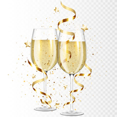 Transparent realistic wine glasses with ribbons and confetti, isolated.