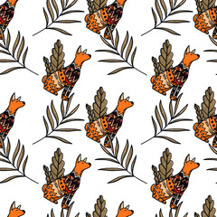 Pattern with African Basenji dog and with plants