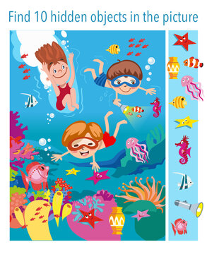 Game for children. Find 10 objects in the picture. Children swim underwater with fishes, seahorses, stars, jellyfish, vector illustration, full color.