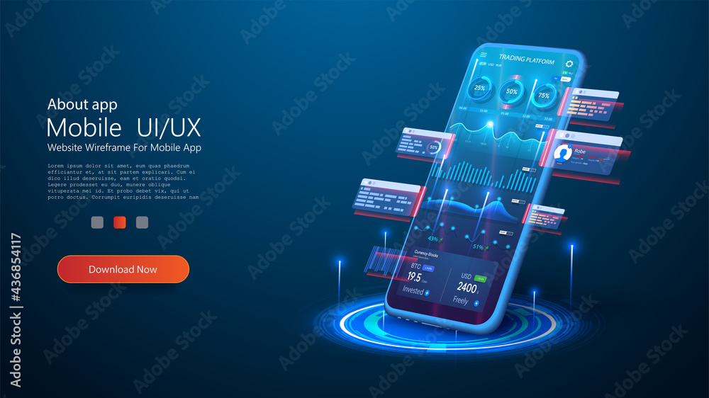 Leinwandbilder Use a smartphone with business graph and analytical data on futuristic isometric mobile phone. Bright, colorful, neon graphics and data. Data analytics for marketing solutions or financial performance