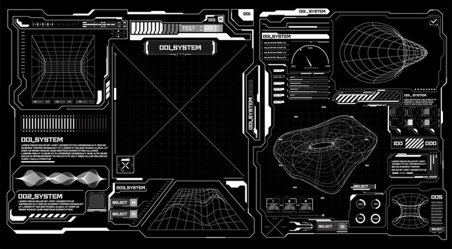 Abstract digital technology UI, UX Futuristic HUD, FUI, Virtual Interface. Callouts titles and frame in Sci- Fi style. Bar labels, info call box bars. Futuristic info boxes layout templates. 3D