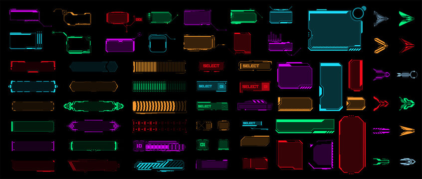 A set of sci-fi modern user interface elements button, frame, arrow, loading indicator in modern cyberpunk colors. Futuristic abstract HUD, FUI, GUI. It is well suited for the game interface. Vector