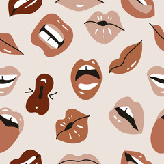 Vector illustration female mouths. Different colors lipstick. Seamless pattern with various of mimic, emotions, facial expressions.