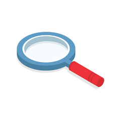Magnifying glass in isometric style. 3D magnifier search element with red handle. Loupe icon. Detective symbol. Vector isolated on white
