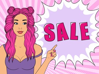 Happy vintage woman points to the speech bubble with the inscription Sale. vector vintage illustration in pop art style