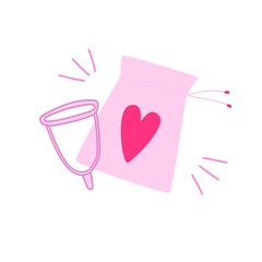 Menstrual cup and pouch with heart. Vector illustration