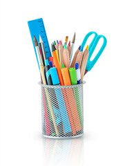 Back to school and education concept. Container of stationery isolated on a white background. 
