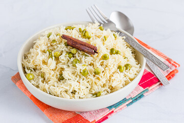 Green Peas Rice in a Bowl Close Up Photo, Indian Food Photography
