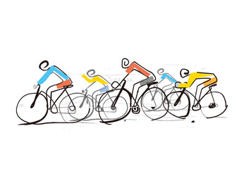 Cycling race, line art stylized cartoon.
Expressive colorful simple illustration of group road cyclists. Imitation of an ink drawing. Vector available.