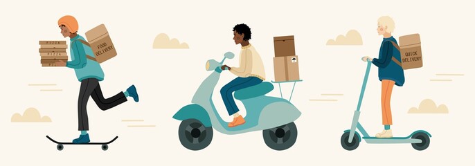 Set of delivery man riding scooter, skateboard, bicycle, moped. Hand drawn illustration in modern, trendy colors. Delivery servise concept. © CreativeUniverse