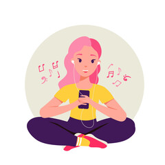 Woman texting with a smartphone, social media icons. Concept vector illustration in flat style. Cute happy girl holding cellphone, using mobile dating application to chat or listen to music 