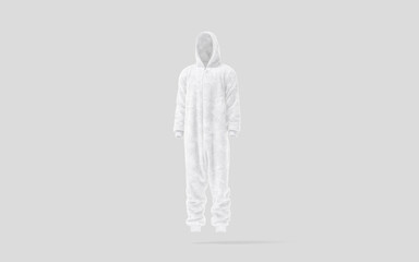 Blank white plush jumpsuit with hood mockup, gray background