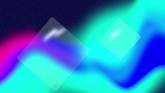 Animation of transparent squares over slow moving turquoise, blue, pink and black organic forms