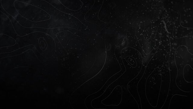 Animation of pale grey topographical lines and spots moving on black background