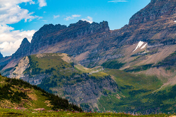summer alpine meadow high up in Logan Pass with the jagged mountain peaks on the background as viewed from the Hidden Lake trail  in Glacier national park in Montana.