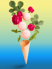 Flowers of roses in a waffle cone levitating flowers. Copy space.