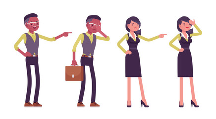 Obraz premium Black businessman with briefcase, businesswoman in formal workwear, office outfit. Manager, young entrepreneur executive, or owner. Vector flat style cartoon illustration isolated on white background