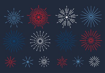 Red, white and blue fireworks icon collection. Set of linear firework designs for party, holiday, national holiday celebration. Flat style vector illustration. Line firework collection