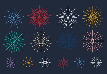 Linear colorful fireworks icon set. Red, orange, blue, green, violet and white firework in linear style. Flat style festive vector illustration for holiday, celebration, banner, sale, greeting card