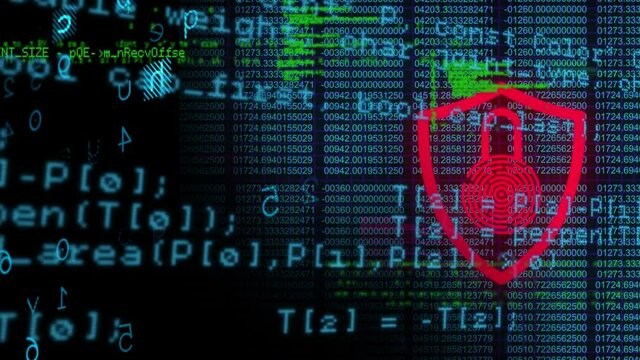 Animation of online security padlock with biometric fingerprint and data processing in background - Powered by Adobe