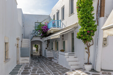 Fototapeta na wymiar Traditional Cycladitic alley with a narrow street, whitewashed facade of a house and a blooming bougainvillea in Naousa Paros island, Greece.