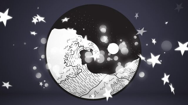 Animation of white stars floating over asian traditional illustration in circle
