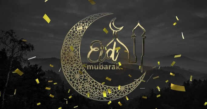 Animation of eid mubarak text with crescent moon and mosque with confetti background