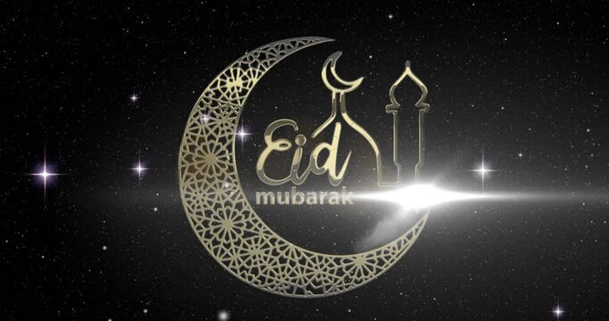 Animation of eid mubarak text with crescent moon and mosque with stars background