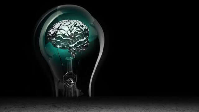 Animation of light bulb with human brain and copy space on black background