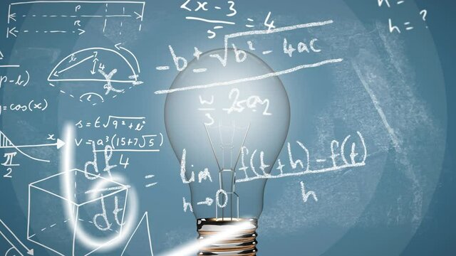 Animation of light bulb and scientific formule data processing