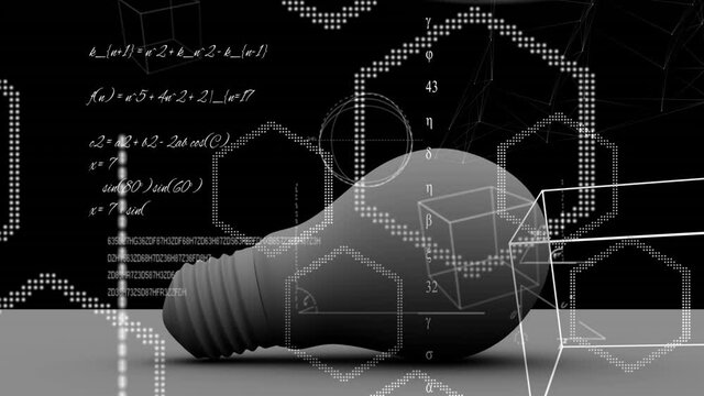 Animation of light bulb and scientific formule data processing