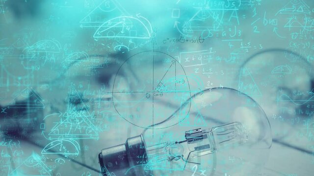 Animation of light bulbs and scientific formule data processing