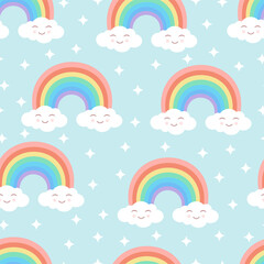 Seamless cartoon texture with rainbow, cute clouds and stars on a blue background. Vector illustration for fabrics, textures, wallpapers, posters, stickers, postcards. Editable elements.