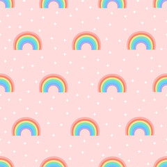 Seamless cartoon texture with rainbow with stars on a pink background. Vector illustration for fabrics, textures, wallpapers, posters, postcards. Childish fun print. Editable elements.