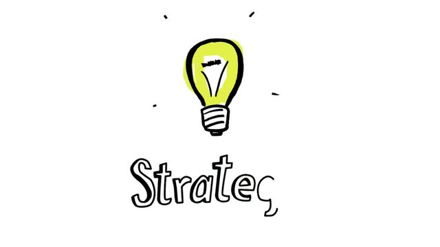 Animation of light bulb icon over strategy text on white background