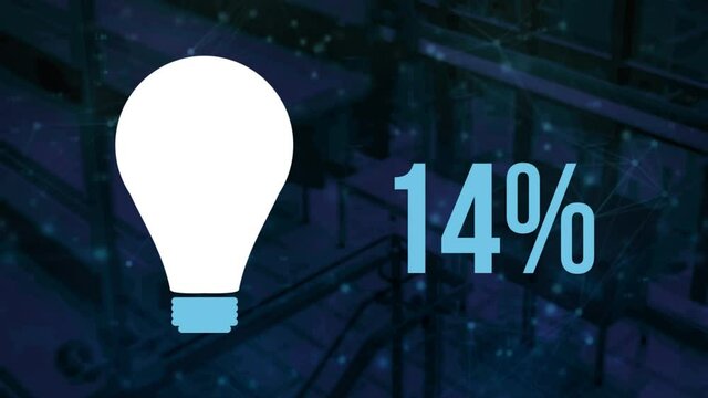 Animation of light bulb filling up with blue and percent growing over warehouse background
