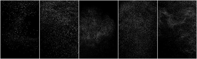 Set of distressed white grainy texture. Dust overlay textured. Grain noise particles. Snow effects pack. Rusted black background. Vector illustration, EPS 10.  
